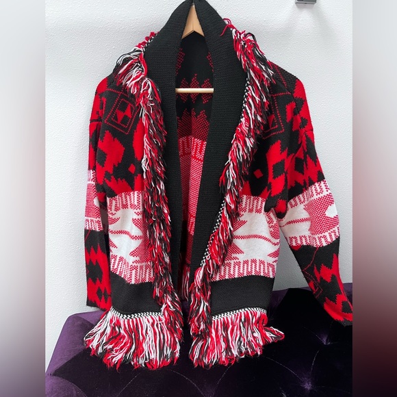 TWO WAY Italian Wool Jacket for Woman - One Size - Fringes - Red, Black, White - Picture 2 of 3